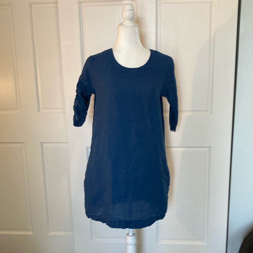 Blue 3/4 Sleeve Relaxed Tunic Top 100% linen